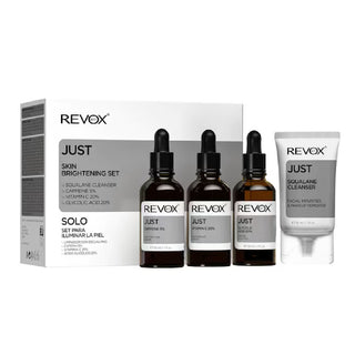 Revox B77 Skin Brightening Set Revox B77: Just Caffeine 5% Anti-Dark Circles Day Eye Serum + Just Vitamin C 2% Anti-Oxidant Serum For Face + Just Glycolic Acid 20% Toning Serum For Face + Just Squalane Eliminates Impurities Cleansing Cream