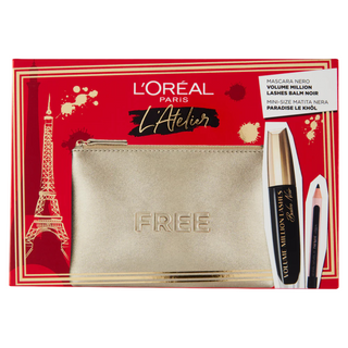 L`Oreal Paris Atelier Kit Set L'Oreal Paris: Volume Million Lashes Volumizing & Lengthening Mascara Black + Paradise Kajal Eye Pencil + Textile Makeup Bag Gold