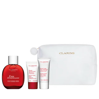 Clarins Set Clarins: Eau Dynamisante Scented Spray Unisex + Beauty Flash Balm Brightening Balm For Face + Clarins Zippered GWP Textile Pouch White + Moisture-Rich Shea Butter Moisturising Body Lotion Body