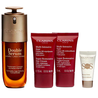 Clarins Set Clarins: Super Restorative Reparative Day Cream For Face + Super Restorative Reparative Night Cream For Face + Double Anti-Ageing Serum For Face + S.O.S. Moisturizing Liquid Primer *Miniature