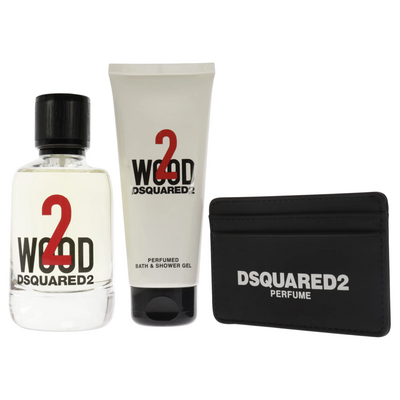 Dsquared 2 Set Dsquared 2: Dsquared Leather Card Holder Black For Men + 2 Wood Eau De Toilette Unisex + 2 Wood Shower Gel