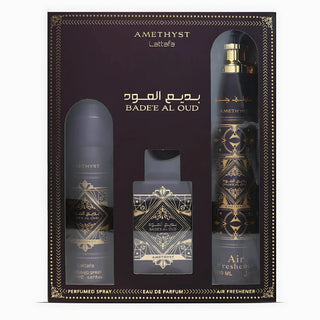 Lattafa Set Lattafa: Bade'e al Oud Amethyst Eau De Parfum For Men + Bade'e al Oud Amethyst Body Spray + Bade'e al Oud Amethyst Room Spray