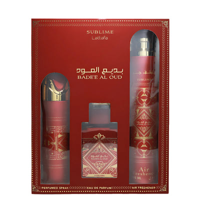 Lattafa Set Lattafa: Bade'e Al Oud Sublime Eau De Parfum For Men + Bade'e Al Oud Sublime Scented Spray For Men + Bade'e Al Oud Sublime Room Air Freshener