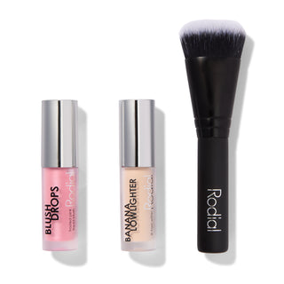 Rodial Xmas 2024 Set Rodial: Blush Drops Radiant Finish Liquid Blush Frosted Pink + Banana Lowlighter Illuminating Liquid Highlighter For Face + The Buffing Mini Foundation Brush No. 10